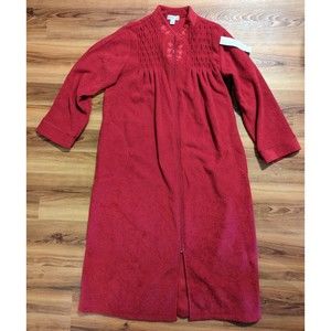 Miss Elaine Robe Soft Fleece Zip Long Cherry Red Embroidered  Large Tassel Pocke